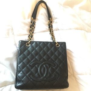 Authentic Chanel black caviar petite shopper tote